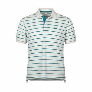 Peter Millar Polo Shirt Mens Medium White Teal Striped Mallard Logo Golf Preppy